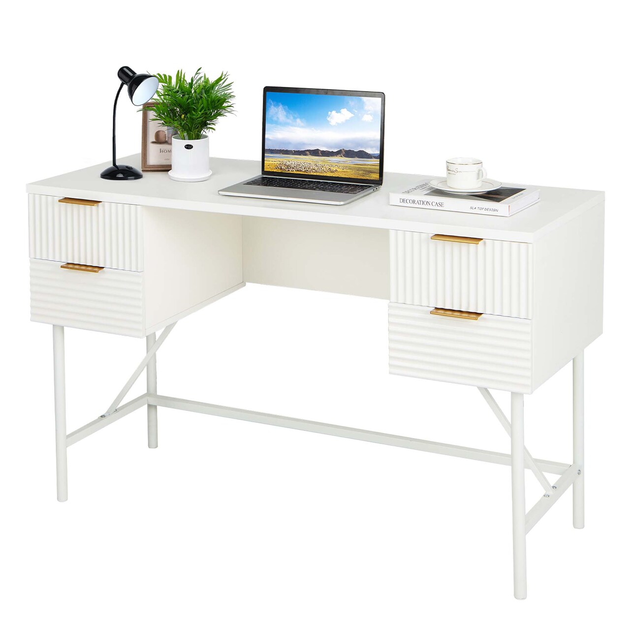 Costway 48" Computer Desk with 4 Drawers Storage Metal Frame Modern Study Writing Desk